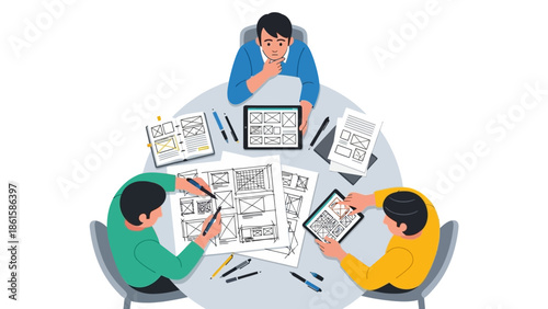 Collaborative team discussing web design layout at round table