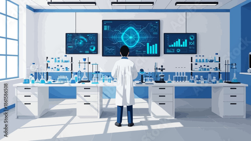 Scientist in modern laboratory analyzing digital data on displays