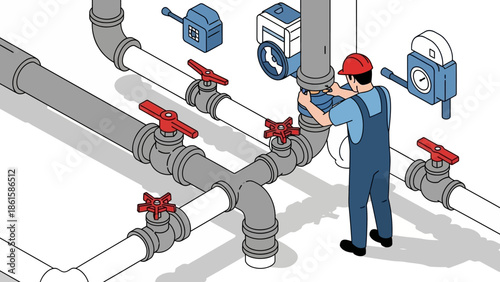 Plumber in isometric style adjusting industrial pipes with valves and gauges