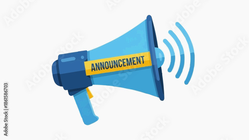 A blue megaphone with a yellow announcement label on a white background
