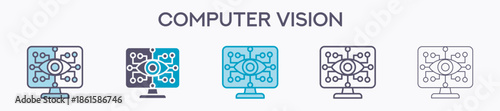 Computer Vision Element For Design Graphic - Multi Styles. Vector Illustration Of Two Colored And Black. Multiple Icons Designs Can Be Used For Mobile, Ui, Web 