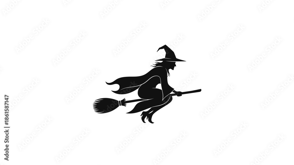 Obraz premium Silhouette of a witch flying on a broomstick against a white background.