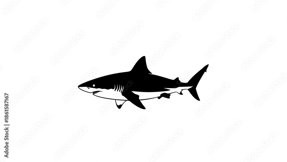 Fototapeta premium A graphic illustration of a shark in black and white on a white background.