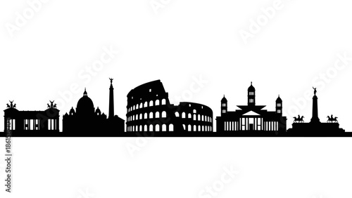 Silhouette of famous landmarks in Rome, Italy, on white background.