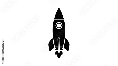 Illustration of a black rocket ship launching into space on white background.