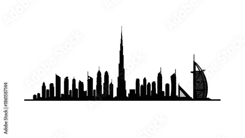 Black silhouette of Dubai city skyline on a white background.