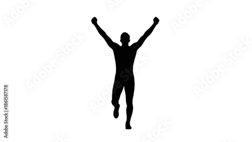 Silhouette of a man running with arms raised in victory on white background.