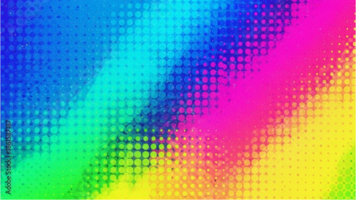Vibrant multicolored halftone pattern background illustration showcasing neon colors and abstract design elements in a digital artwork