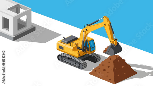 Isometric construction scene with excavator and building foundation