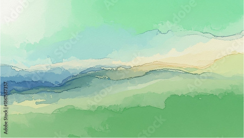 Serene landscape with rolling hills and mountains under a soft green sky