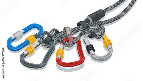 Realistic climbing carabiners and rope with detailed isometric design