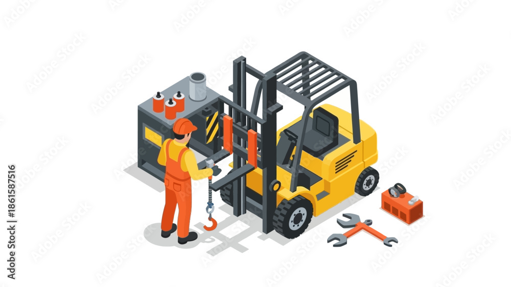 Fototapeta premium Isometric forklift maintenance with worker in industrial setting