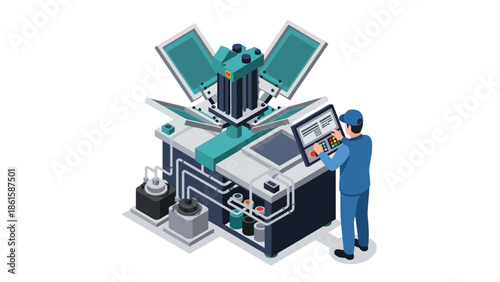 Industrial screen printing machine in action with technician in isometric style