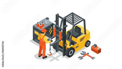 Isometric forklift maintenance with worker in industrial setting