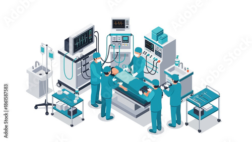 Medical team performing surgery in modern operating room isometric style