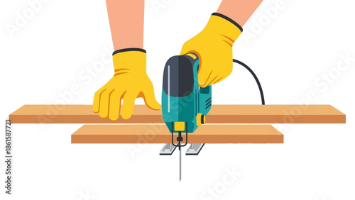 Handyman using jigsaw with protective gloves for woodworking