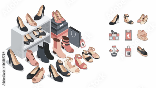 Isometric shoe collection with fashionable footwear and shopping icons