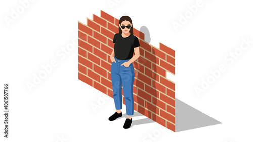 Stylish woman leaning against brick wall in isometric design