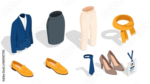 Business attire essentials in isometric style: shoes, blazer, skirt, trousers, accessories
