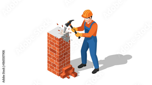 Construction worker demolishing brick wall in isometric style