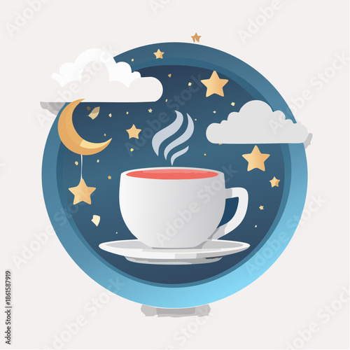 Stylized illustration of a steaming cup of tea with night sky background