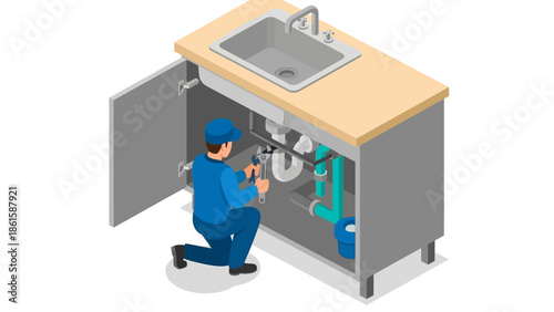 Isometric kitchen plumbing repair with plumber under sink