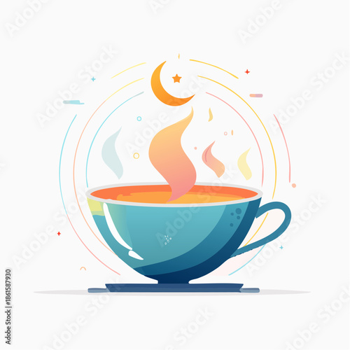 Stylized illustration of a teacup with steam and decorative elements