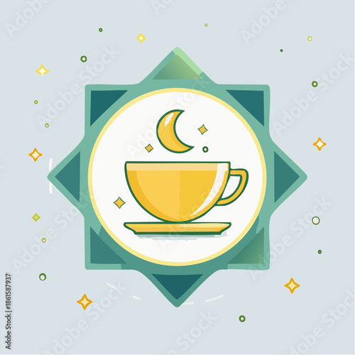 Stylized illustration of a yellow teacup with crescent moon symbolism