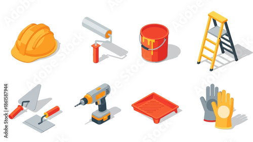 Isometric construction tools set with helmet, drill, and paint supplies for home renovation projects