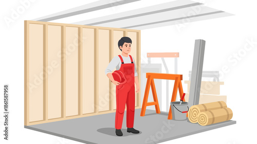 Worker in construction setting with tools and equipment in 3d cartoon style