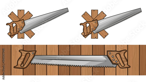 Vintage handsaw and wood planks in cartoon style