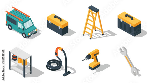Isometric tools and equipment: van, toolbox, ladder, drill, wrench, vacuum