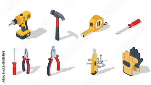 Isometric tool collection: drill, hammer, tape measure, screwdriver, pliers, utility knife, work glove