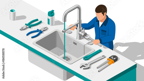 Plumber fixing kitchen sink with tools in isometric flat design