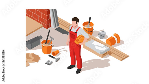 Isometric construction worker with tools and supplies in a building setting