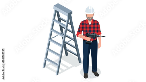Construction worker with drill and ladder in isometric style for home improvement