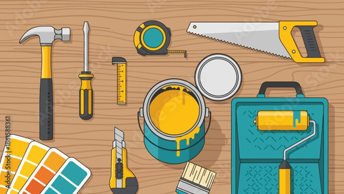 Colorful flat design of painting and carpentry tools on wooden background
