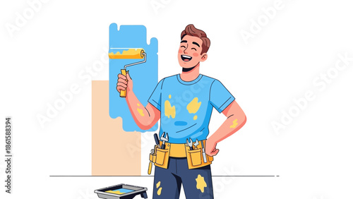 Cheerful painter ready to tackle a new wall painting project with paint roller