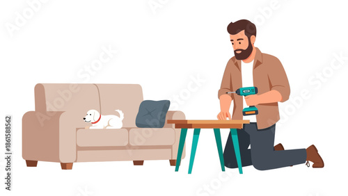 Man assembling furniture with drill while dog rests on sofa in cozy living room