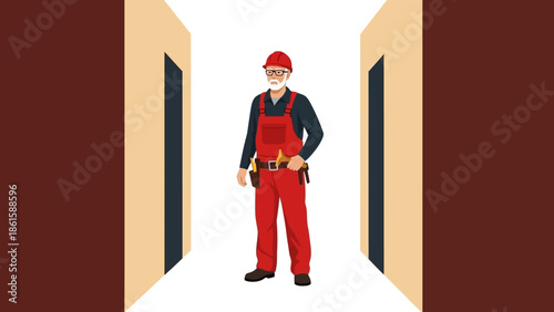 Skilled construction worker in red overalls standing between buildings