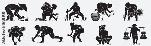 Collection of Silhouettes Depicting Farmers Engaged in Various Agricultural Activities and Labor.