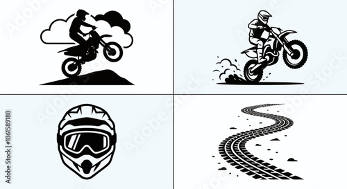 Motocross Icon Set Dirt Bike Rider, Gear, Finish Line, Silhouette - ction, speed, jump, trail, helmet, goggles, gloves, gear, equipment, finish, flag
