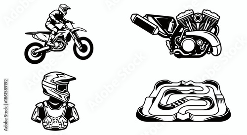 Motocross Icon Set Dirt Bike Rider, Gear, Finish Line, Silhouette - ction, speed, jump, trail, helmet, goggles, gloves, gear, equipment, finish, flag
