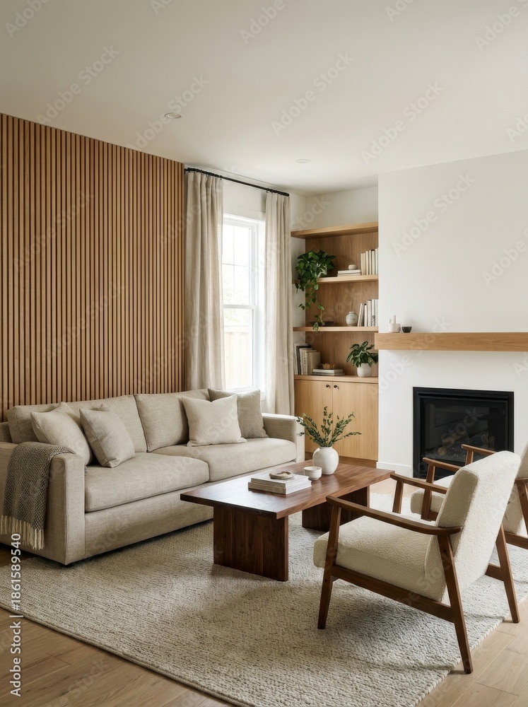 Fototapeta premium Modern Living Room Interior with Wood Slat Wall