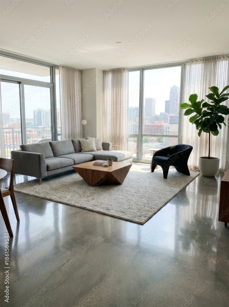 Fototapeta premium Modern Living Room with City View Apartment