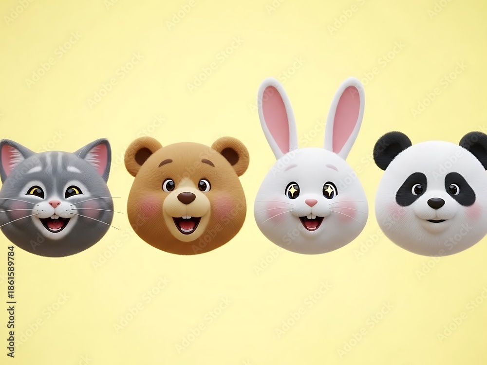 Obraz premium Set of Happy 3D Kawaii Animal Heads Laughing. Generative Ai