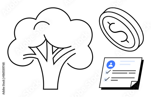 Tree representing nature, coin for economy, and checklist for personal goals. Ideal for sustainability, finance, green economy, eco-investments, planning personal growth and development. Simple