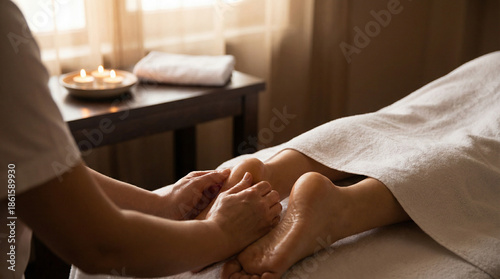 Wallpaper Mural A person receiving a relaxing foot massage in a tranquil spa setting with candles and soft lighting. Torontodigital.ca