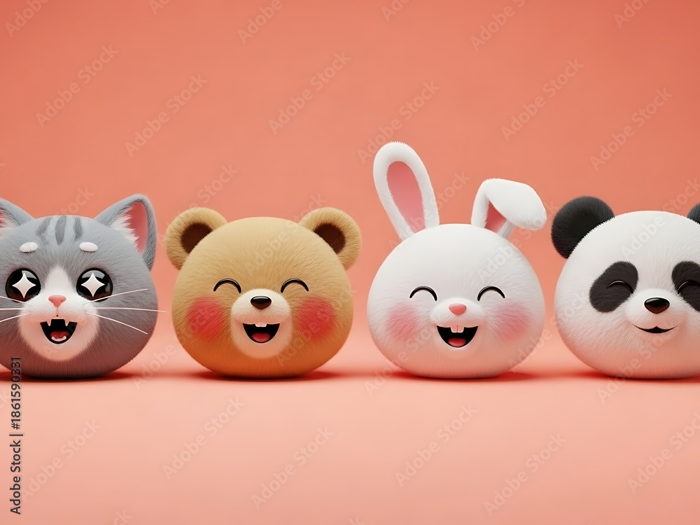 Obraz premium Set of Cute 3D Kawaii Animal Heads Laughing Joyfully. Generative Ai