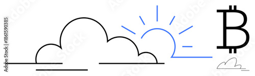 Fintech innovation, digital currency, economic growth, blockchain technology, investment, future economy. A sun rising over cloud with Bitcoin symbol. Fintech innovation and digital currency theme